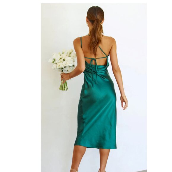 Silky One Shoulder Midi Dress - Emerald Green - Picture 6 of 8